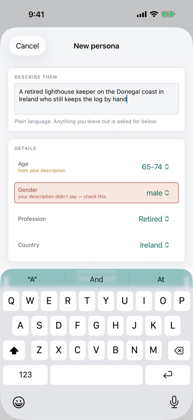 The new persona screen. A description of a retired lighthouse keeper in Ireland, with age, profession and country already filled in from it, and gender marked as the one thing the description did not say.